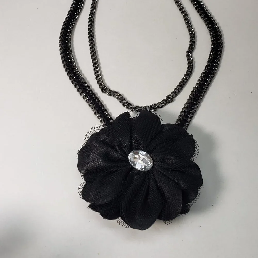 Polished Layered of Black Metal Crystal & Black Flower Design Brooch Necklace
